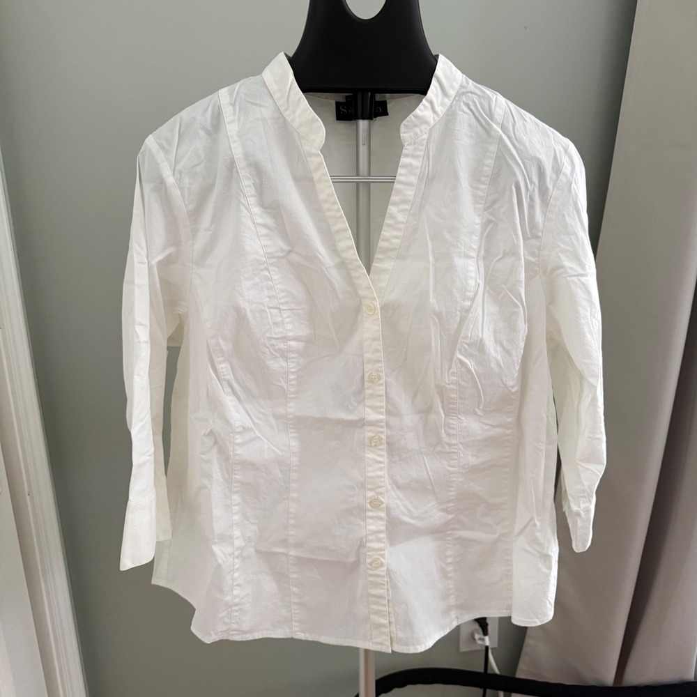 Style & Co Women 18W White Button Front Stretch Cotton Blouse 3/4 Sleeve Y2k